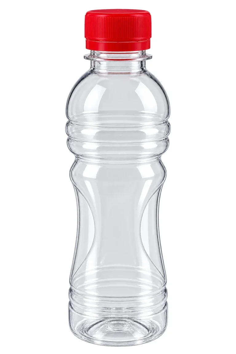 Clear Bottle with Red Cap – PET body / HDPE cap container – S.A Plastic Industries
