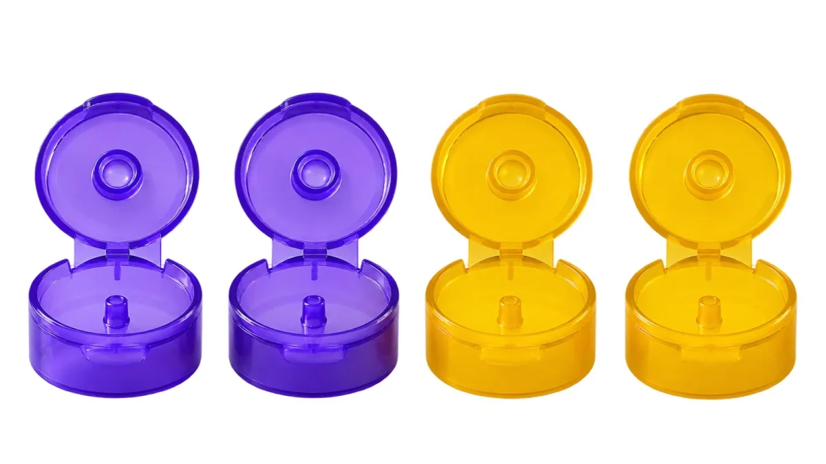 Glossy Purple and Amber Flip-Top Caps – PP container – S.A Plastic Industries