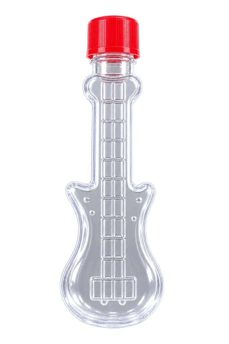 Transparent Guitar-Shaped Bottle with Red Cap – PET body / PP cap container – S.A Plastic Industries